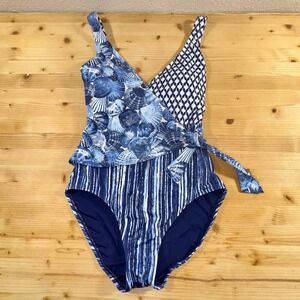 Tommy Bahama One‎ Piece Swimsuit Tummy Control Blue White Size 8 Recycled Nylon